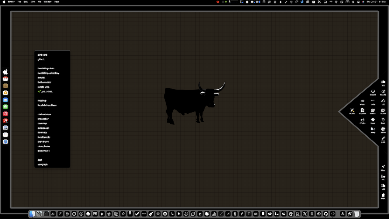 a screenshot of my new desktop with a grid background, a silhouette of a bull, and a cutout for black and white icons. the dock also has has black and white icons. yay.