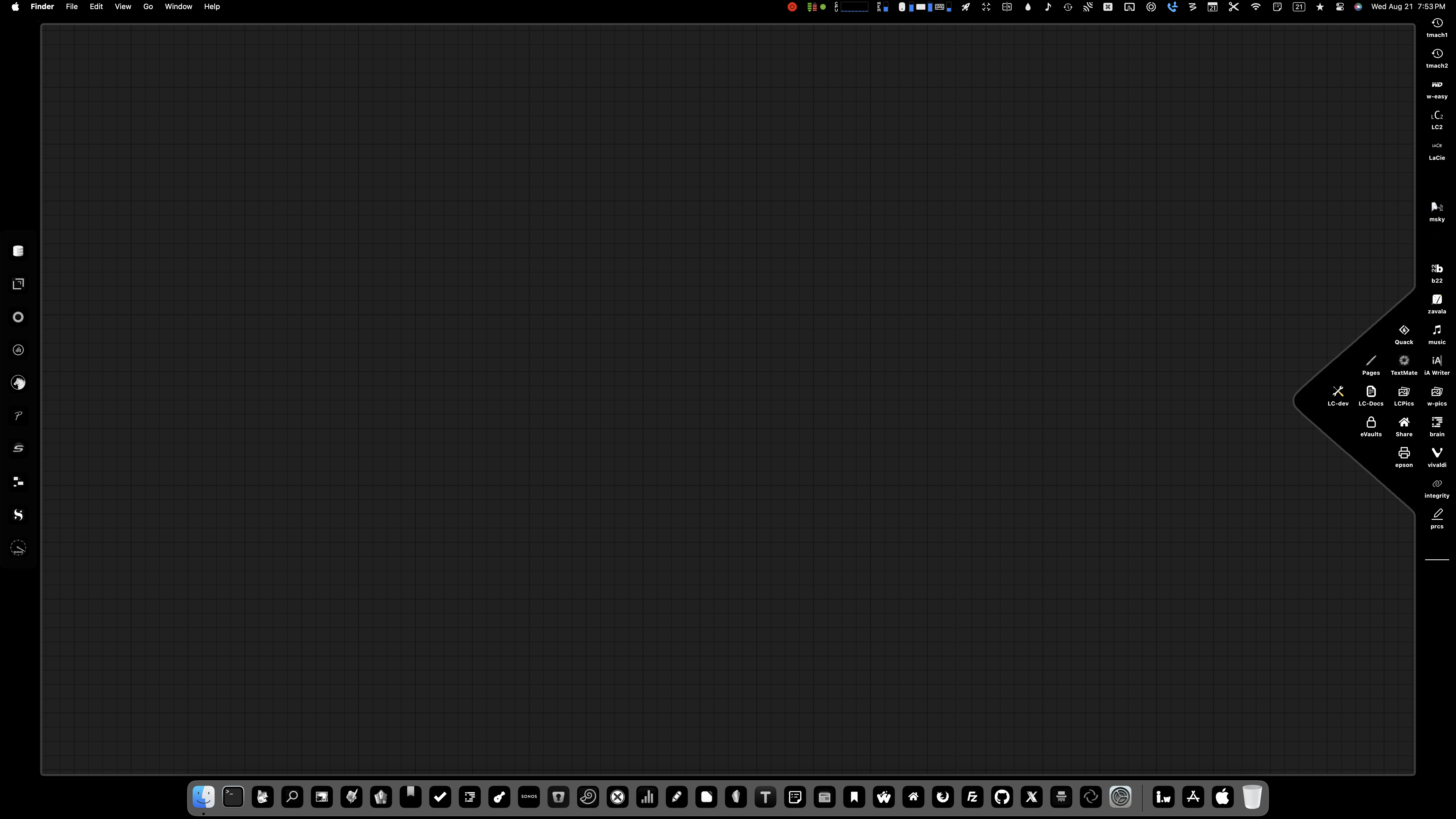 a screenshot of an even cleaner and more organized version of the minimal black and white desktop with a grid background